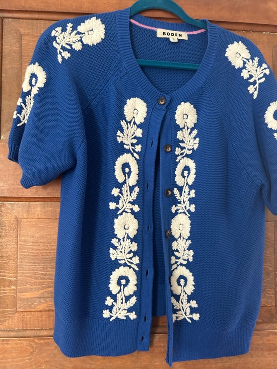 Boden Sweaters - Boden Cobalt Blue Short-Sleeve Cardigan with Cream Floral Embroidery